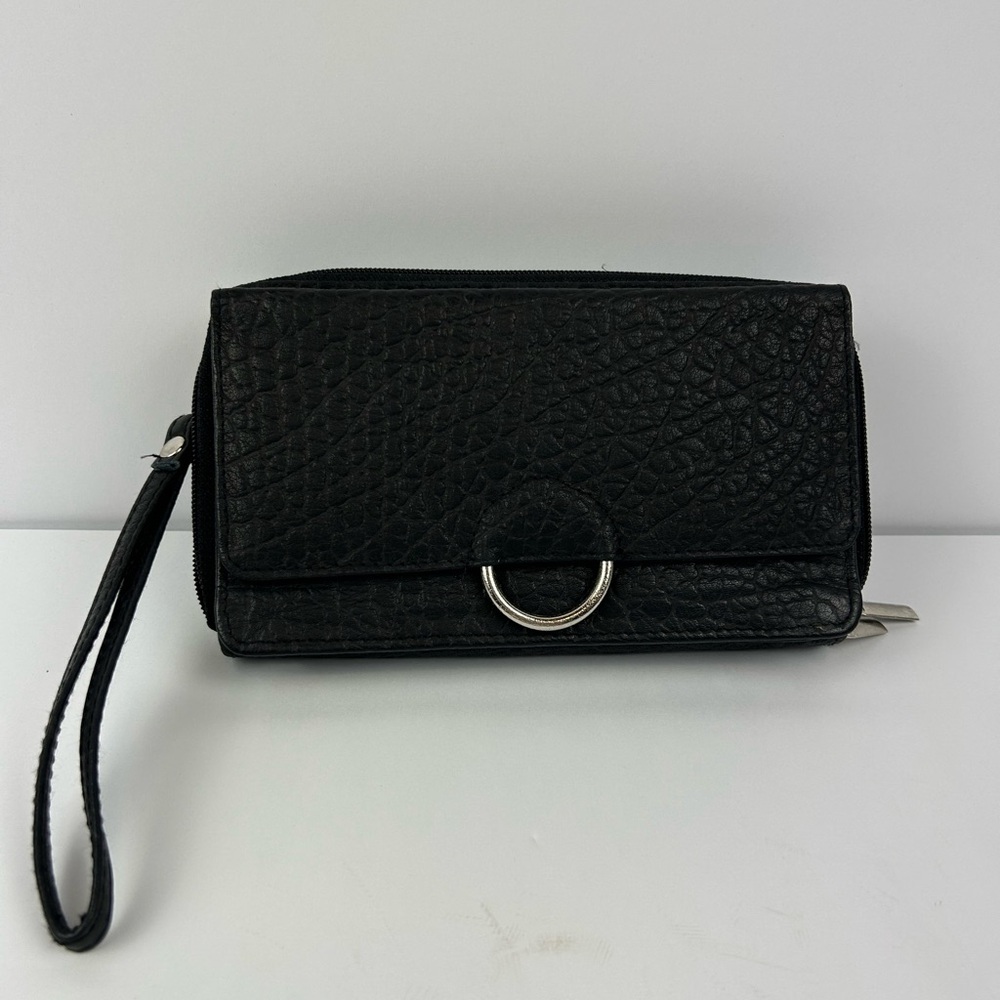 Genuine Black Textured Leather BUENO Clutch with Wrist Strap